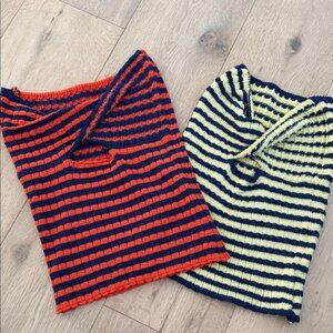 Set of 2 Striped Knit Tube Tops with keyhole Center  - Red/Navy, Yellow/Blue Med
